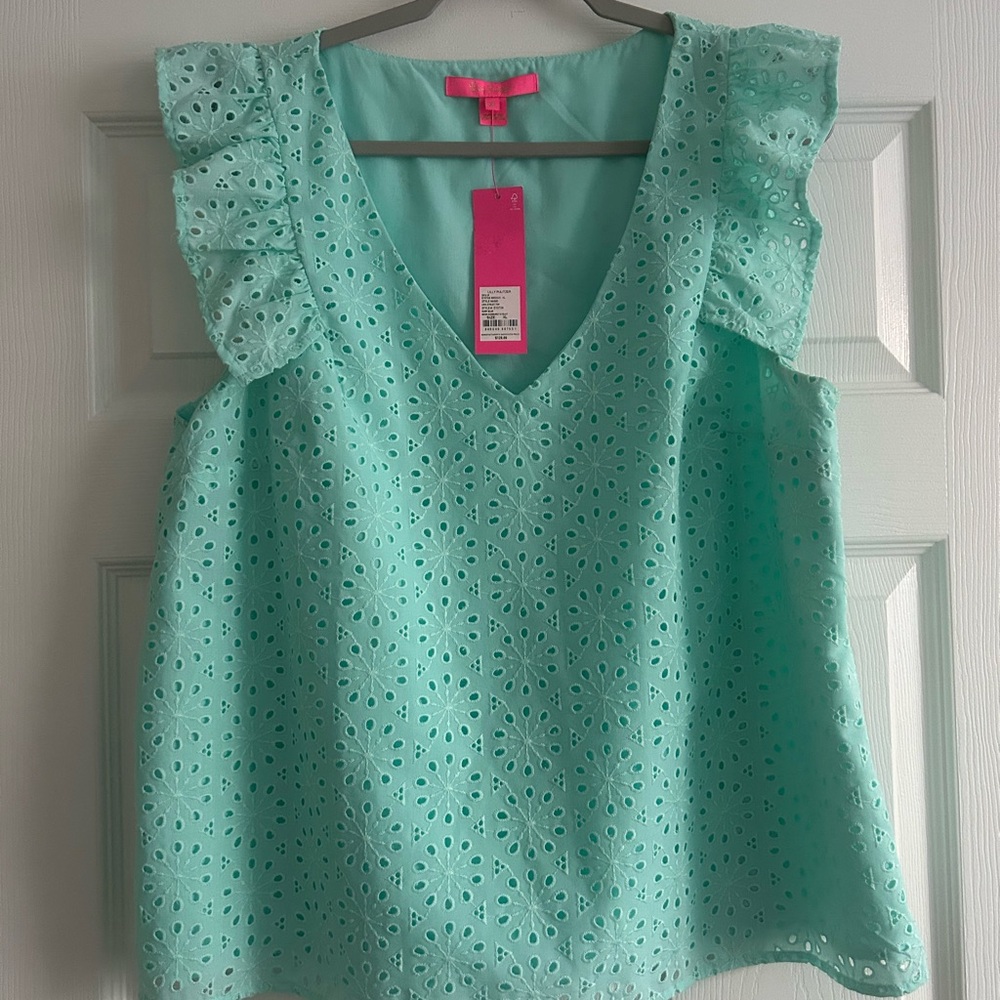 Lilly Pulitzer Aqua Eyelet Ruffle Blouse